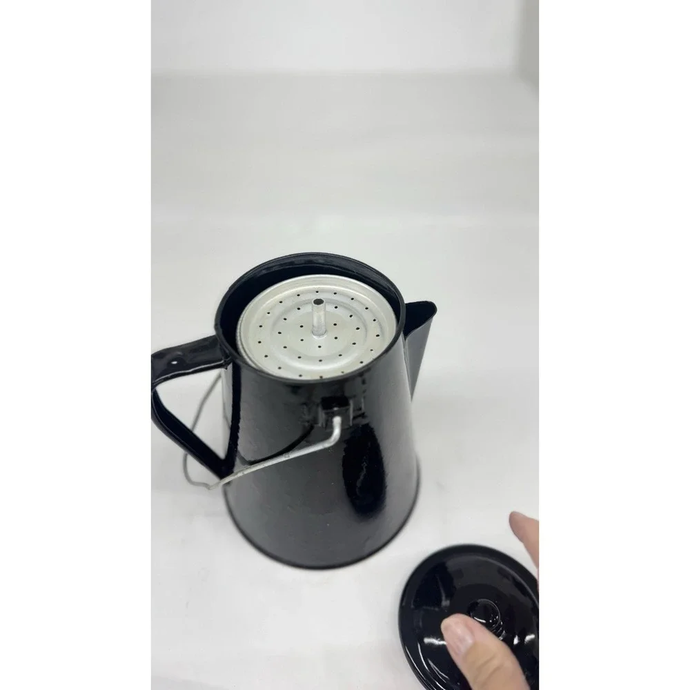 Vintage Black & White Speckled Enamelware Percolator Camping Cowboy Coffee Pot